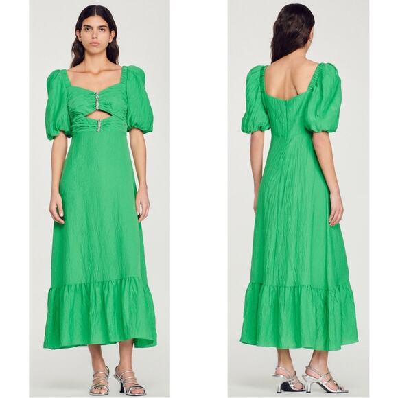 SANDRO Green Embellished Puff Sleeve Midi Dress with Rhinestones Size 4 - Picture 2 of 10